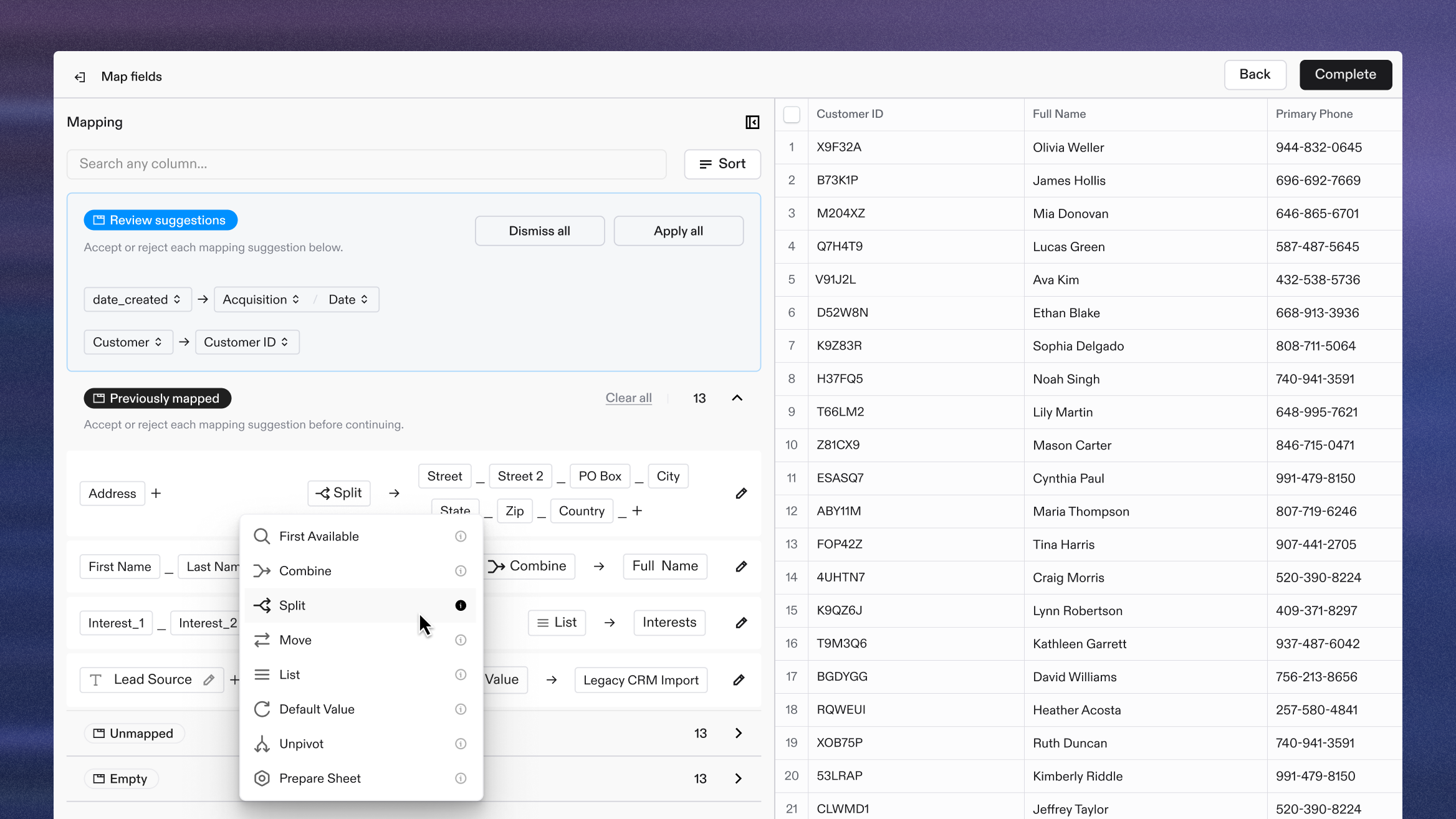 Getting data into the right format shouldn’t require hours of cleanup. Flatfile’s AI engine is trained on 5B+ mapping decisions to automatically match incoming fields to your system, learn from past imports, and give you full control over how data is mapped